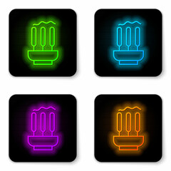 Sticker - Glowing neon line Burning aromatic incense sticks icon isolated on white background. Black square button. Vector