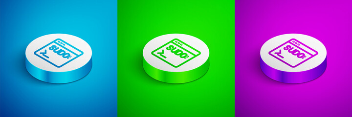 Isometric line Code terminal icon isolated on blue, green and purple background. Browser window with command line. Command panel. Programming coding. Notepad. White circle button. Vector