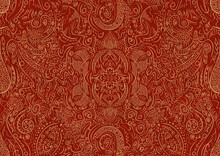 Hand-drawn Unique Abstract Symmetrical Seamless Gold Ornament On A Bright Red Background. Paper Texture. Digital Artwork, A4. (pattern: P01a)