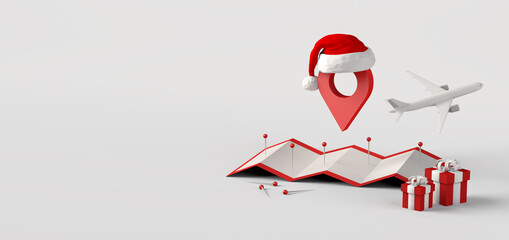 Christmas travel concept with map, pushpin, Santa hat and gifts. 3D illustration. Copy space.