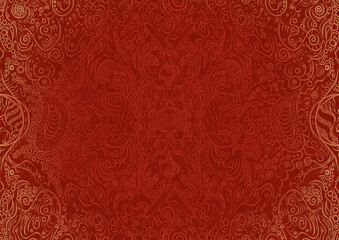 Wall Mural - Hand-drawn unique abstract ornament. Light red on a bright red background, with vignette of same pattern in golden glitter. Paper texture. Digital artwork, A4. (pattern: p04a)