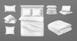 © Natalia - 2110.m01.i020.n003.S.c20.754567687 Realistic bedding set. White blank mockup of square and rectangular bed cushion blanket sheets mattress, hotel bedroom elements mockup. Vector set