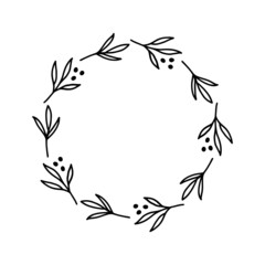  Hand-drawn wreath with dots. Black plant doodle wreath for Christmas decoration.