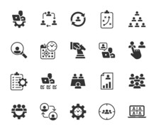Vector Set Of Management Flat Icons. Contains Icons Project Management, Coordination, Online Meeting, Personnel Management, Team, Skills, Time Management, Remote Management And More. Pixel Perfect.