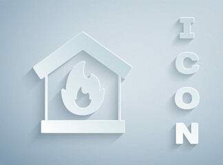 Sticker - Paper cut Fire in burning house icon isolated on grey background. Paper art style. Vector