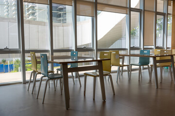 Bright children's reading room and table stools