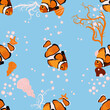 Amphiprion, Orange bright sea dweller clown fish surrounded by water bulbs, hand drawn