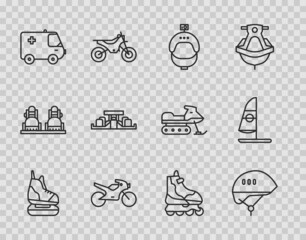 Poster - Set line Skates, Bicycle helmet, Helmet and action camera, Motorcycle, Ambulance emergency car, Formula 1 racing, Roller skate and Windsurfing icon. Vector