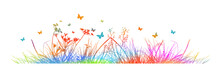 Silhouette Of Rainbow Grass. Flowers And Butterflies On A Multi-colored Meadow. Vector Illustration