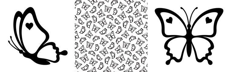 Contours of nice butterflies with hearts and seamless pattern isolated on a white background. Contours of butterflies are great for print gift paper, wedding greeting cards and textile