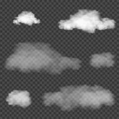 Set of fluffy cloud on transparent background. Vector of White cloudiness,fog or smoke on dark checkered background.Design elements of Cloudy sky or smog