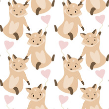 Seamless Pattern, Funny Little Foxes With Heart-shaped Balloons. Delicate Pastel Colors. Textiles, Paper, Wallpaper, Decor For A Children's Bedroom.