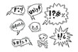Comic speech bubble with swear words symbols. Doodle hand drawn speech bubble with curses, skull, bones, lightning. Angry smile face emoji. Vector illustration isolated on white.