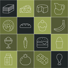 Wall Mural - Set line Chicken leg, egg on stand, Banana, Cheese, Bread loaf, Donut, Piece of cake and Muffin icon. Vector