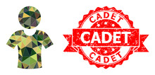 Low-Poly Polygonal Boy Military Camouflage Symbol Illustration, And Cadet Rubber Stamp Seal. Red Seal Has Cadet Title Inside Ribbon. Vector Boy Icon Is Filled Using Camo Triangles.