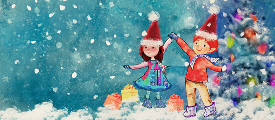 Wall Mural - Happy children with Christmas tree. Watercolor background.