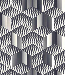 Striped Cube Shapes Vector Seamless Pattern Geometric Graphic Abstract Background. Linear Isometric Cubic Shapes Regular Endless Wallpaper. Repeating Cubical Structure Retro Striped Art Illustration
