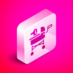 Canvas Print - Isometric Pet stroller icon isolated on pink background. Silver square button. Vector