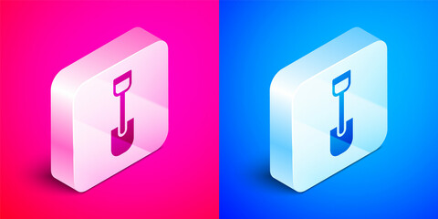 Sticker - Isometric Shovel toy icon isolated on pink and blue background. Silver square button. Vector