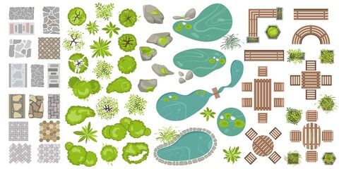 collection of architectural elements for landscape design top view. vector objects for projects, pla