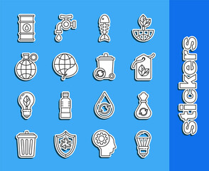 Sticker - Set line LED light bulb, Garbage bag with recycle, Tag leaf symbol, Fish skeleton, Earth globe and, Planet earth recycling, Oil barrel line and Recycle bin icon. Vector