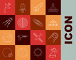© Oksana - Set line UFO flying spaceship, Satellite, Mars rover, Rocket with fire, Earth structure, Radar and Planet icon. Vector