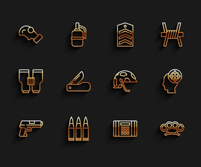 Sticker - Set line Pistol or gun, Bullet, Gas mask, Dynamite bomb, Brass knuckles, Swiss army knife, Target sport and Military helmet icon. Vector