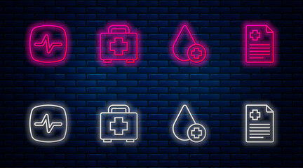 Poster - Set line First aid kit, Donate drop blood, Heart rate and Patient record. Glowing neon icon on brick wall. Vector