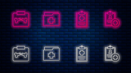 Poster - Set line Patient record, X-ray shots with broken bone and . Glowing neon icon on brick wall. Vector