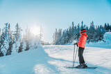Alpine Downhill Skiing. Ski portrait of woman alpine skier wearing skis, helmet, cool ski goggles and hardshell winter jacket and ski gloves on cold day by snow covered trees on ski trail slope