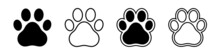 Dog And Cat Footprint Vector Icon Set. Footprint Pet. Paw Prints. Black Silhouette Paw. Vector Illustration