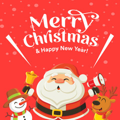 Wall Mural - Merry Christmas and happy new year greeting with cute Santa Claus, snowman and reindeer. Holiday in winter season