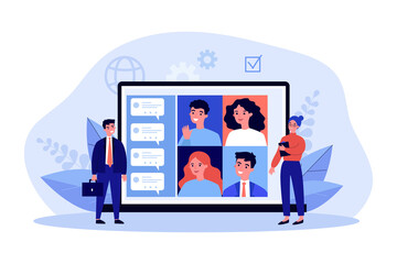 Wall Mural - tiny office workers communicating with employees online. people writing messages for employer using 