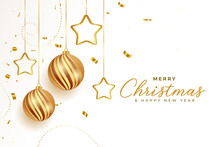 Merry Christmas Celebration Greeting With Balls And Golden Stars