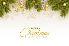 Realistic Merry Christmas Festival Greeting With Pine Leaves And Golden Snowflakes