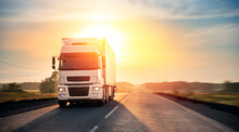 Truck With Container On Highway With Sun Light. Concept Cargo Transportation Banner. Blur Move Effect