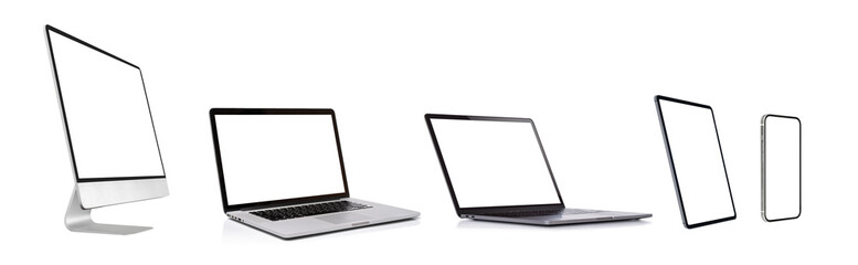 side view, blank screen of computer display or desktop and smartphone laptop , isolated on white background