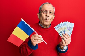 Wall Mural - Handsome senior man with grey hair holding romania flag and leu banknotes making fish face with mouth and squinting eyes, crazy and comical.