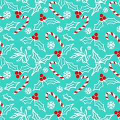 Christmas themed doodle style holly berries and candy canes pattern