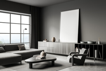 Grey living room interior with armchair and couch, drawer and mockup poster