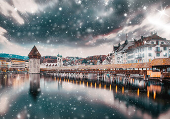 Wall Mural - heavy snowfall in Lucerne, Switzerland on a winter night