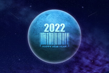 Wall Mural - Abstract Christmas background, with a planet in the cosmic sky and barcode. 2022 numbers. 3D illustration. Abstract festive background.