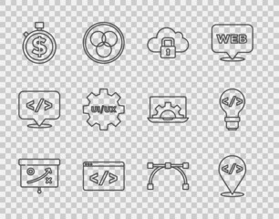 Set line Planning strategy concept, Front end development, Cloud computing lock, Time is money, UI or UX design, Bezier curve and icon. Vector