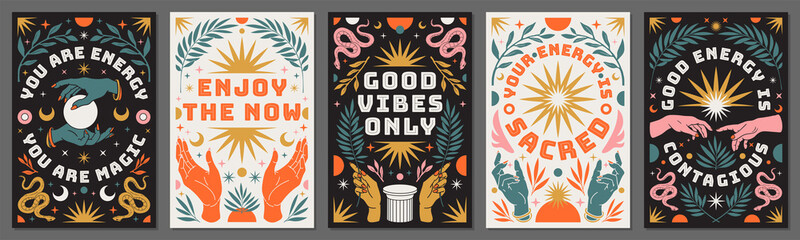 boho mystical posters with inspirational quotes about energy, magic and good vibes in trendy bohemia