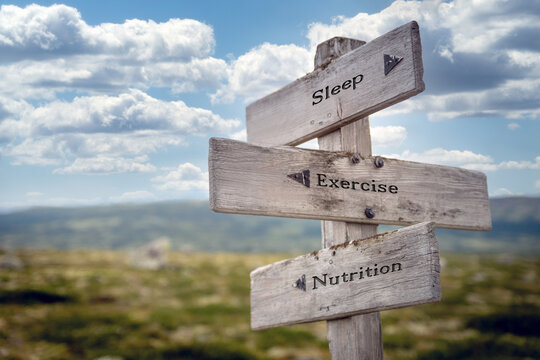 Wall Mural - sleep exercise nutrition text quote on wooden signpost outdoors in nature. Blue sky above.