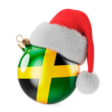 Christmas Ball With Jamaican Flag And Santa Claus Hat. Christmas And New Year In Jamaica, Concept. 3D Rendering