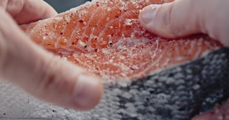 Wall Mural - raw salmon steak fried in a grill pan. the chef prepares a steak. sprinkles it with salt and spices. the chef sauces the salmon steak on each side.