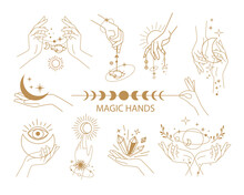 Set Of Icons And Logo With Female Magical Hands. One Line Vector Illustration. Trend Mystical Concept