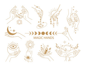 Set of icons and logo with female magical hands. One line vector illustration. Trend mystical concept