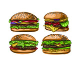 Fototapeta Łazienka - Set of Hand drawn vector hamburgers with cheese, lettuce, tomatoes and buns with sesame seeds. Junk food for children and adults. Fast food illustration